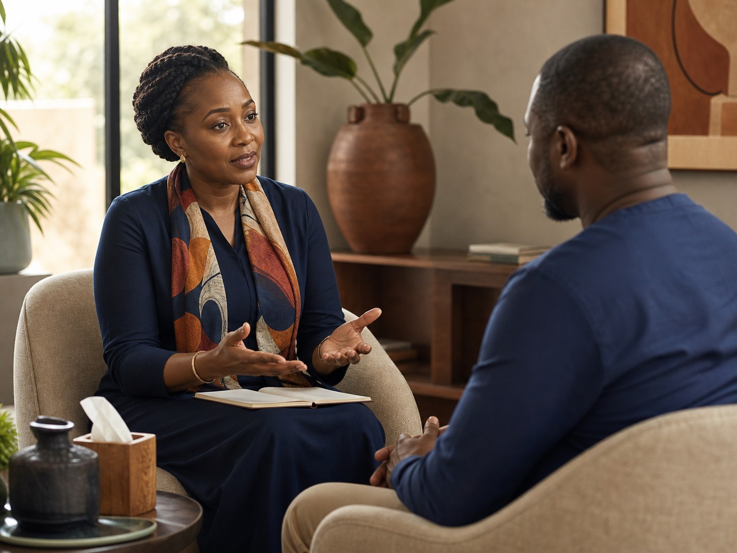 A Nigerian counsellor explaining a first session to an adult client