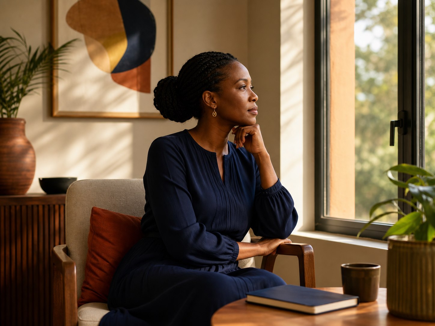 A Nigerian woman reflecting quietly beside a sunlit window