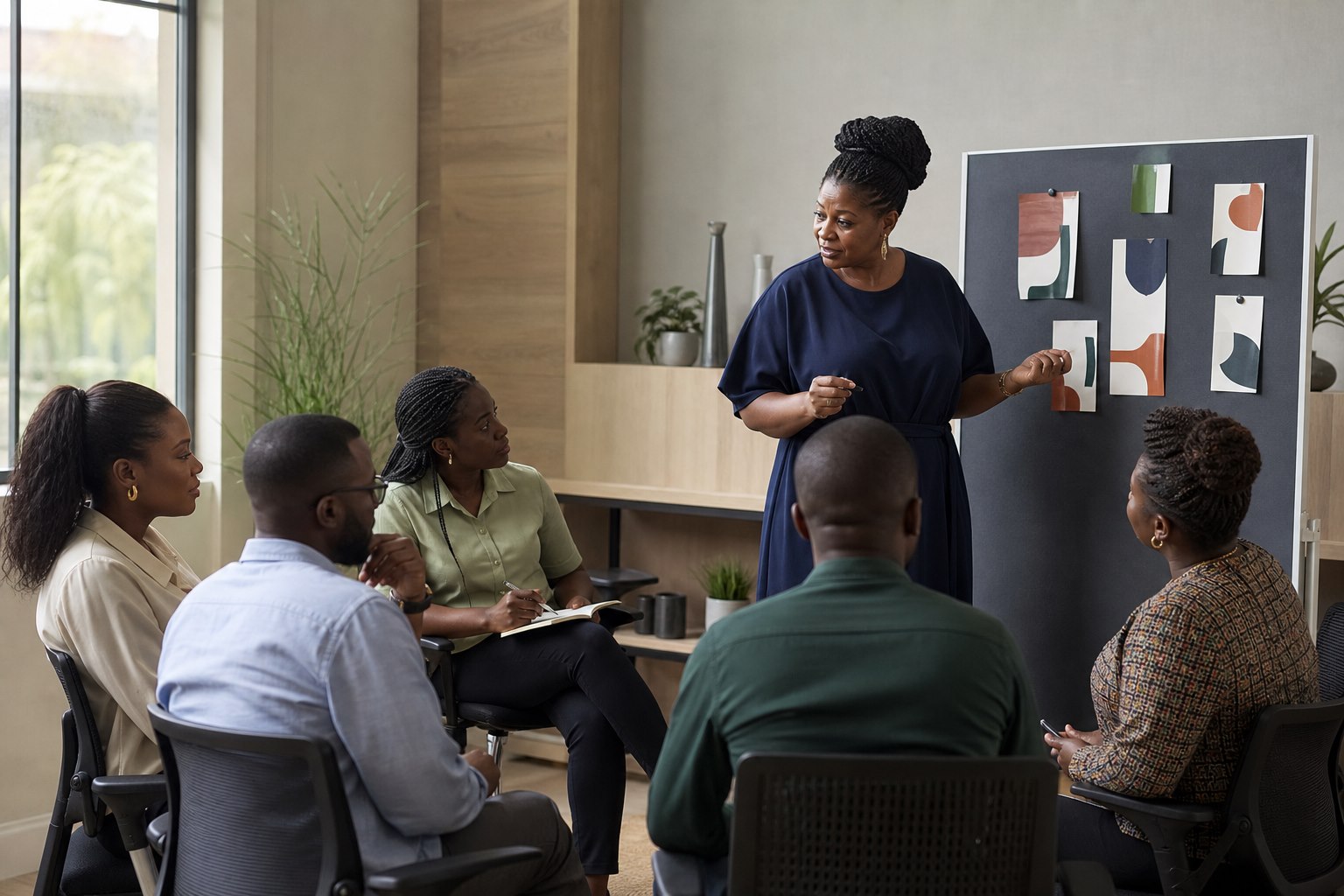 A facilitator leading a focused organisational learning conversation