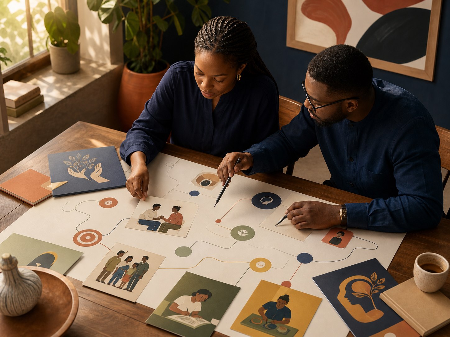 Two Nigerian professionals organising distinct support pathways