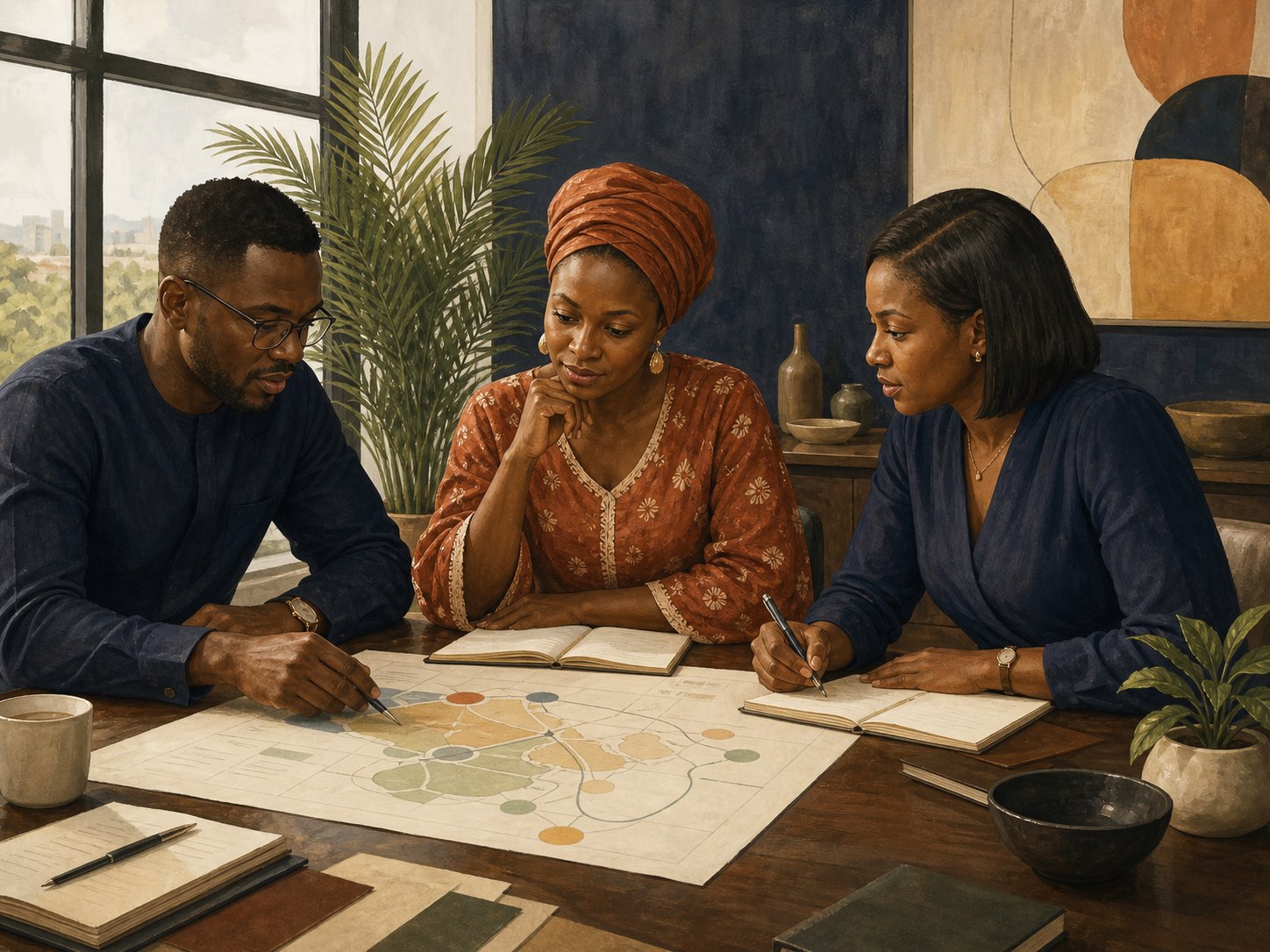 Three Nigerian professionals reviewing service pathways and community priorities