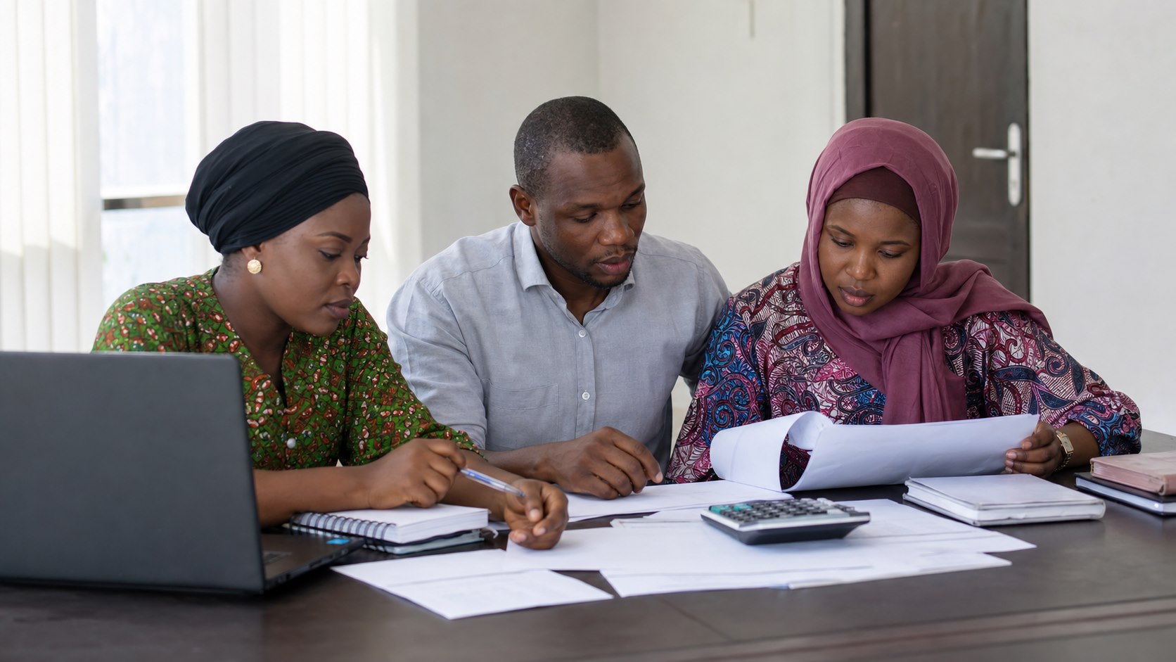Nigerian programme and finance leads reviewing allocation records and evidence