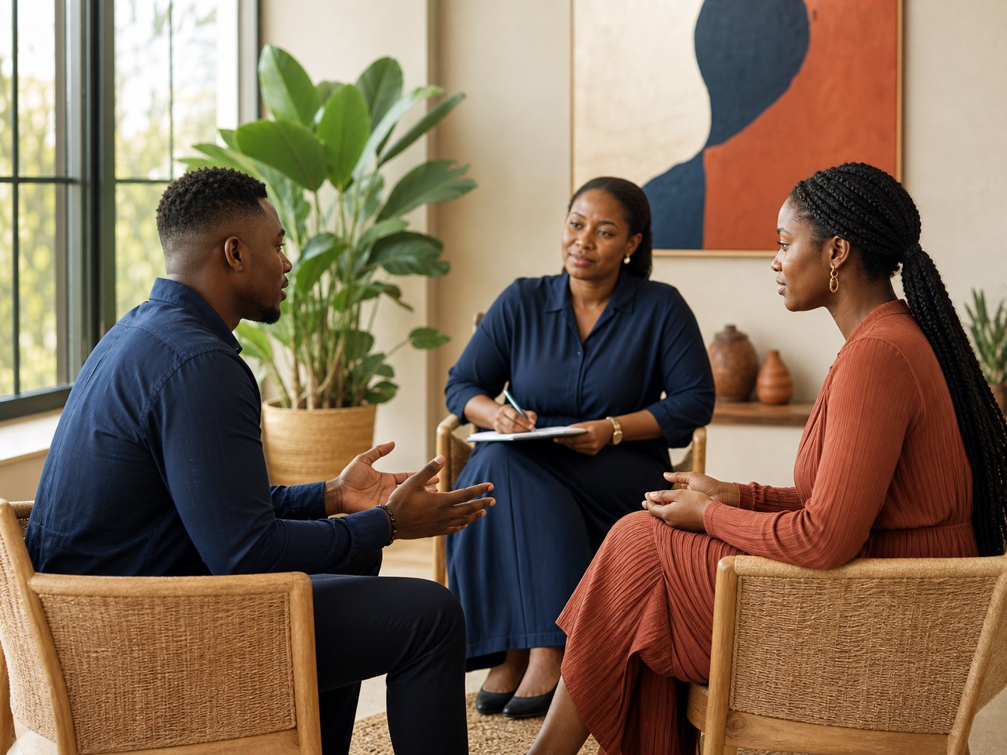 Two Nigerian young adults practising a respectful conversation with facilitator feedback