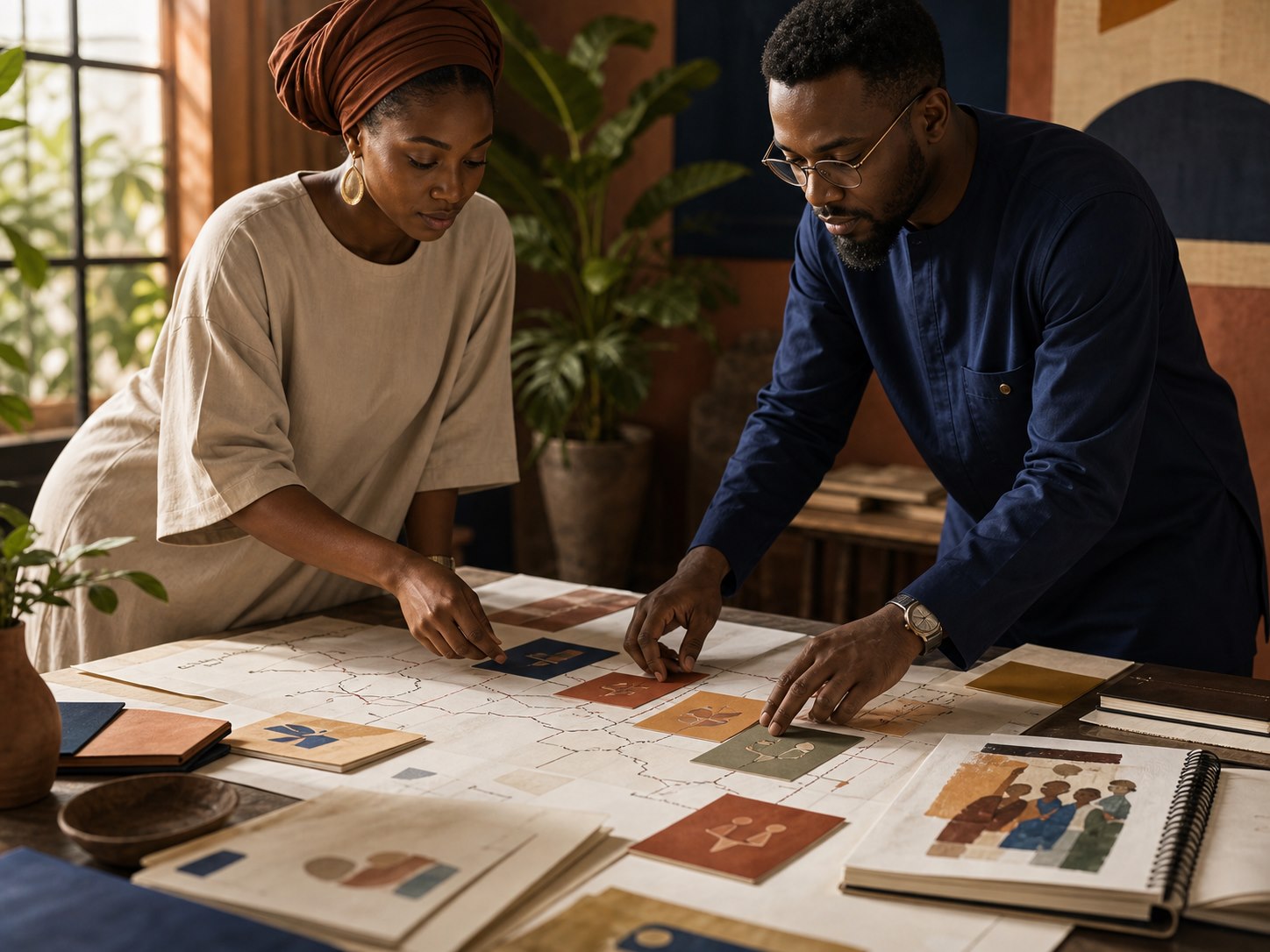 Two Nigerian professionals arranging programme and governance materials on a planning table